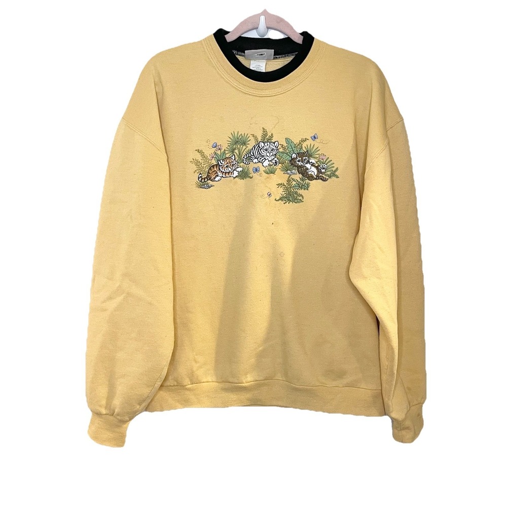 Vintage Day Breeze Yellow Cat Sweatshirt Tiger Babies Zoo Grandmacore Safari L